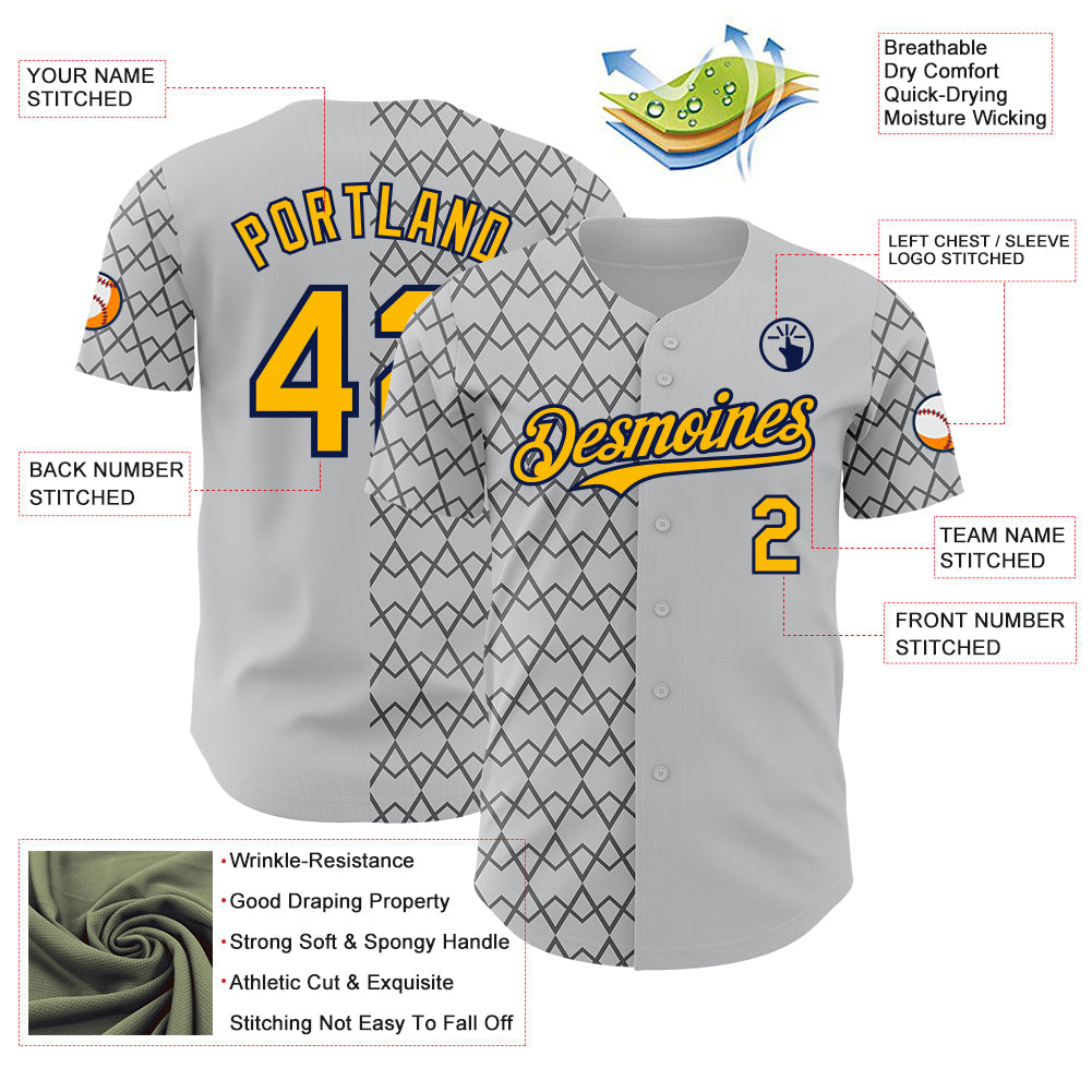Custom Gray Gold-Navy Geometric Diamond Grid Rhombus Authentic Baseball Jersey