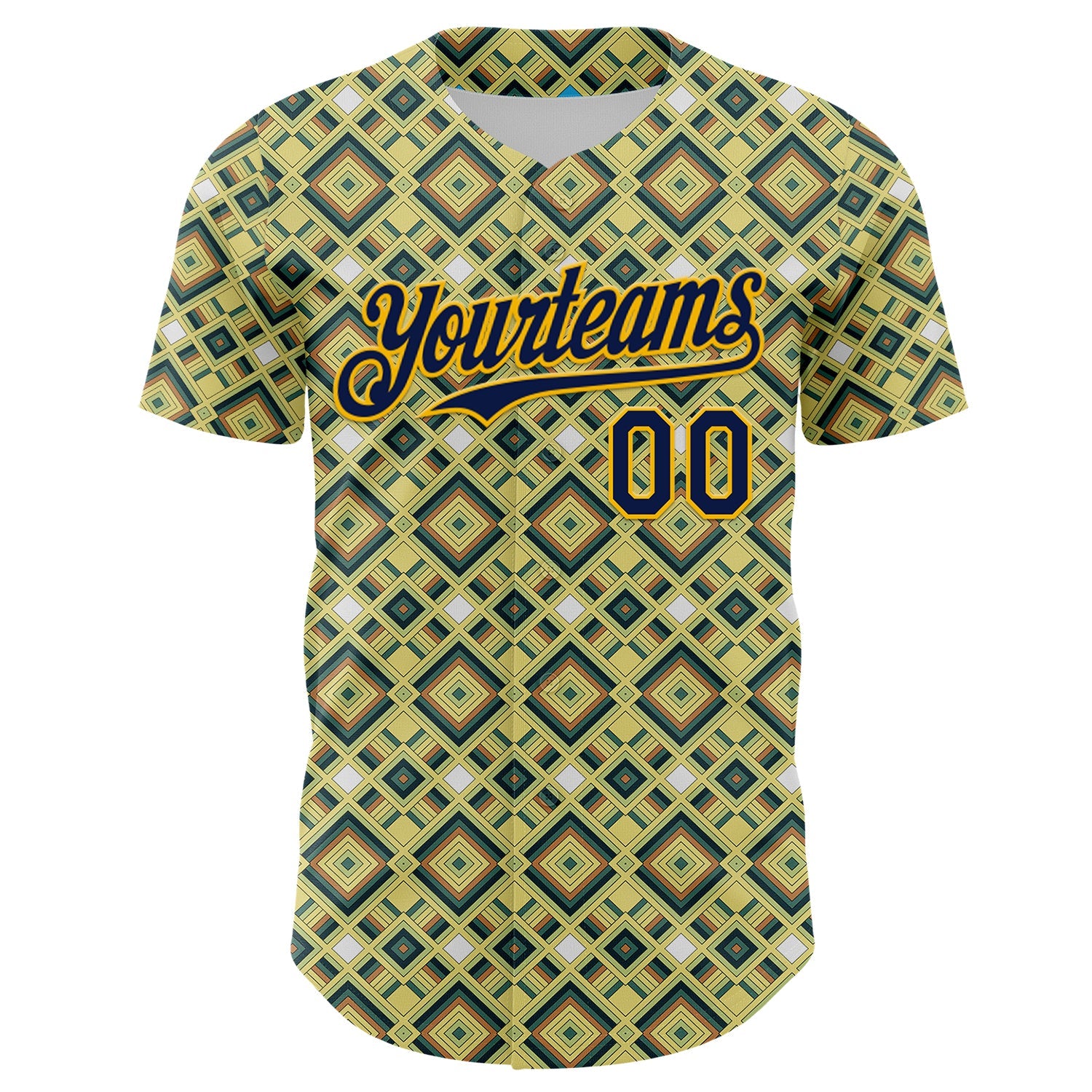 Custom Green Navy-Gold Geometric Diamond Grid Rhombus Authentic Baseball Jersey