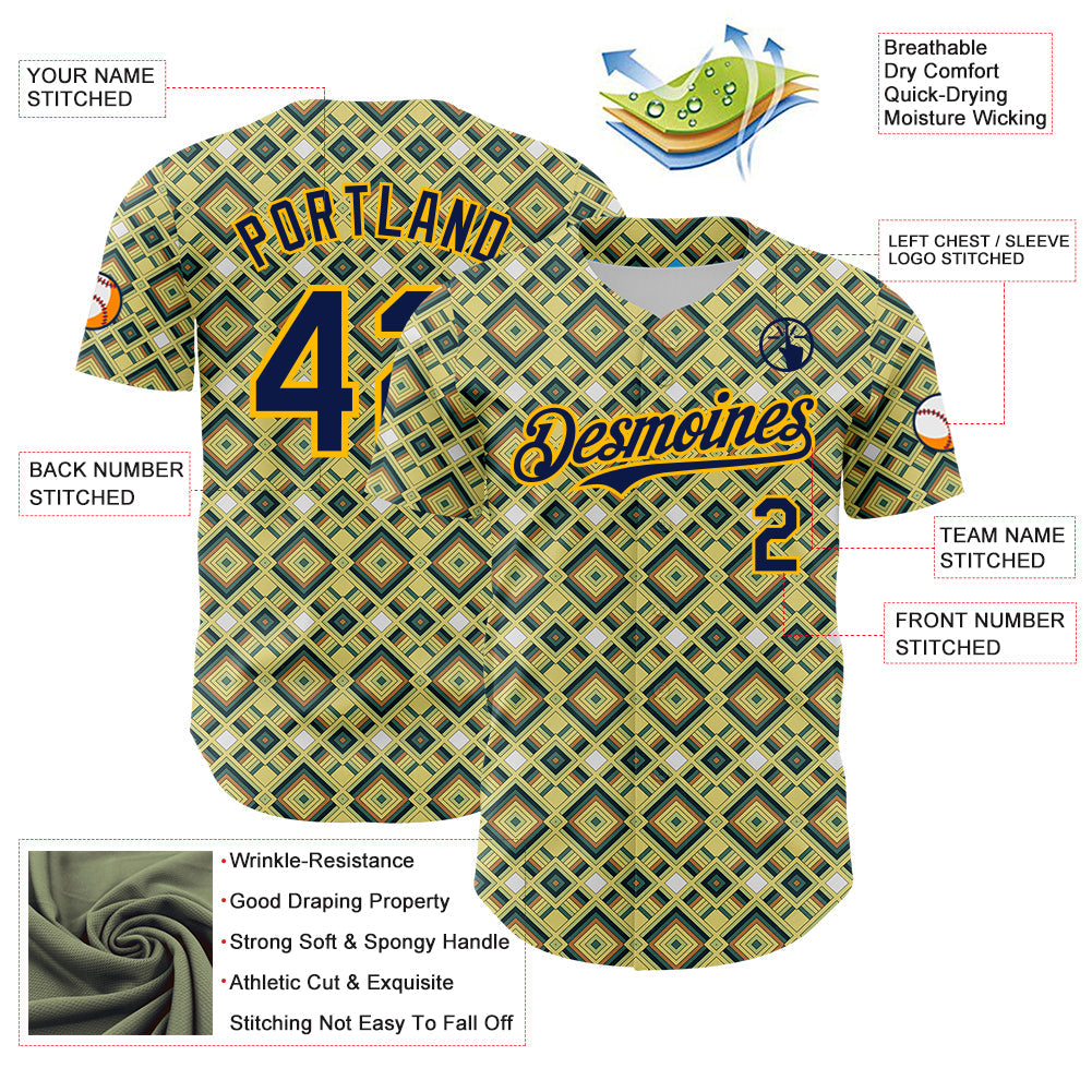 Custom Green Navy-Gold Geometric Diamond Grid Rhombus Authentic Baseball Jersey