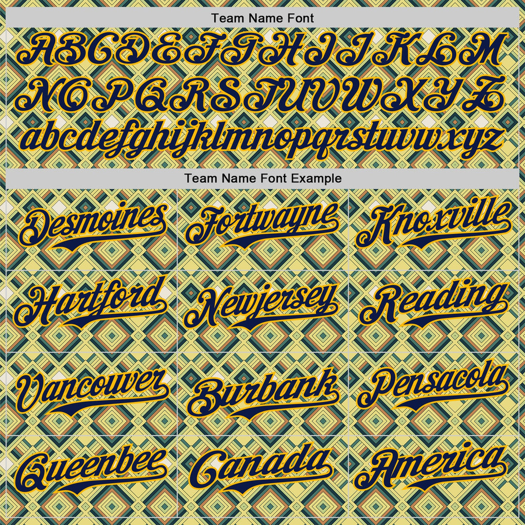 Custom Green Navy-Gold Geometric Diamond Grid Rhombus Authentic Baseball Jersey