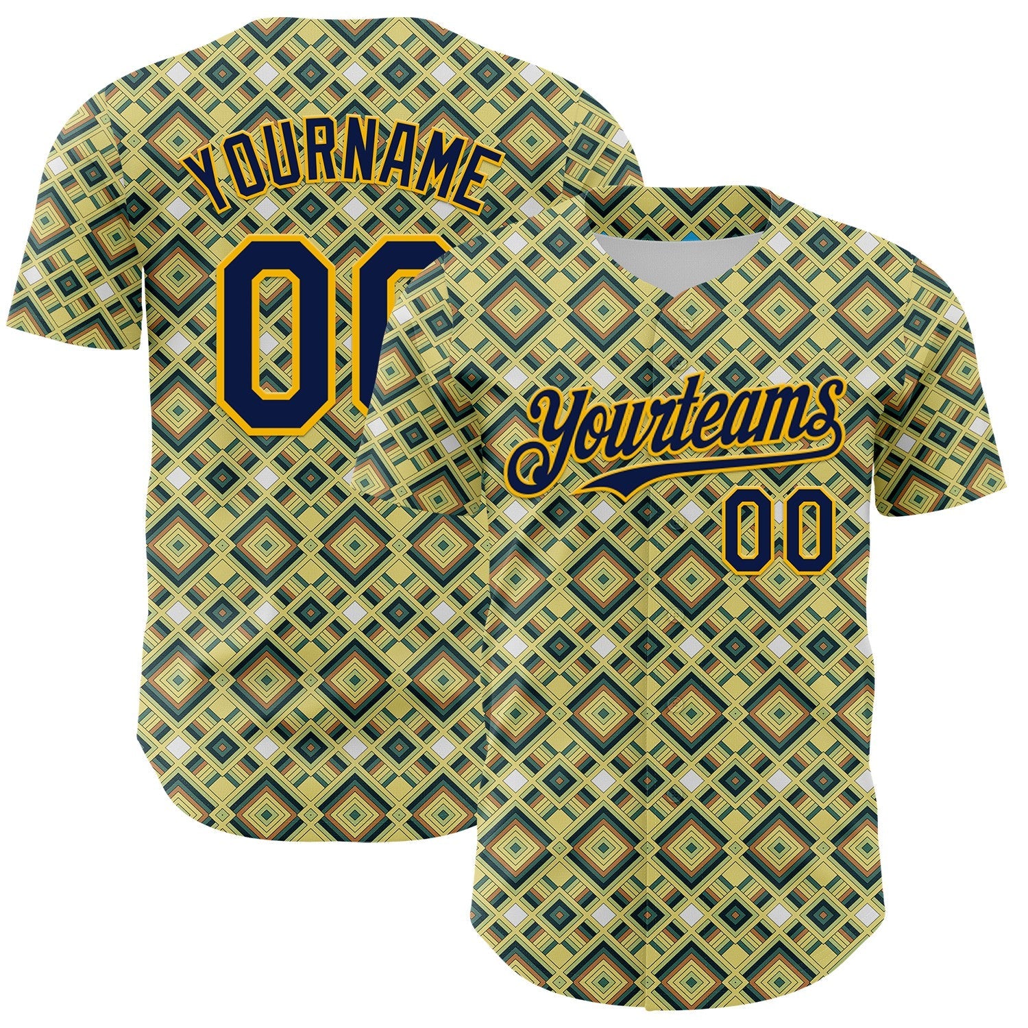 Custom Green Navy-Gold Geometric Diamond Grid Rhombus Authentic Baseball Jersey
