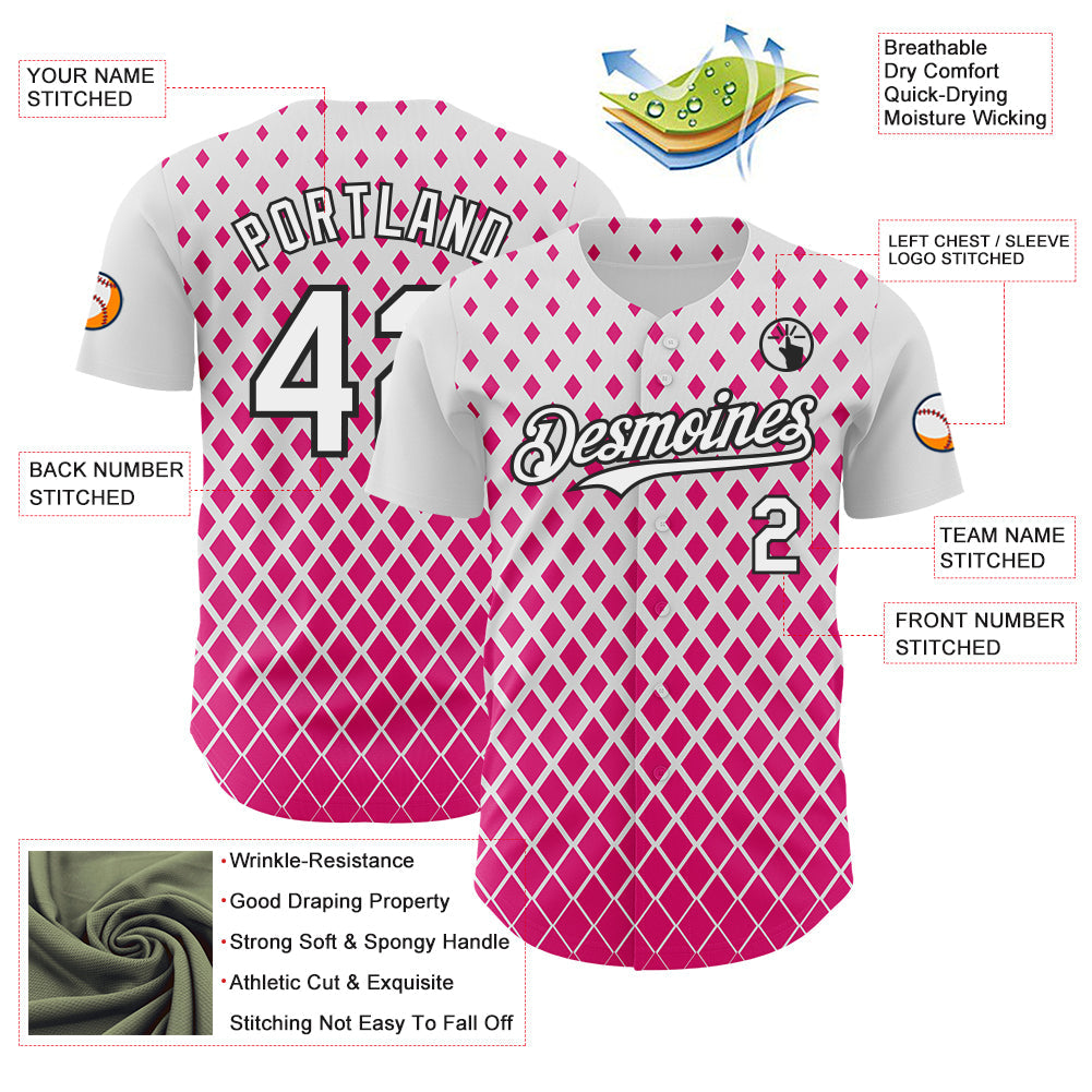 Custom White Pink-Black Geometric Diamond Grid Rhombus Authentic Baseball Jersey