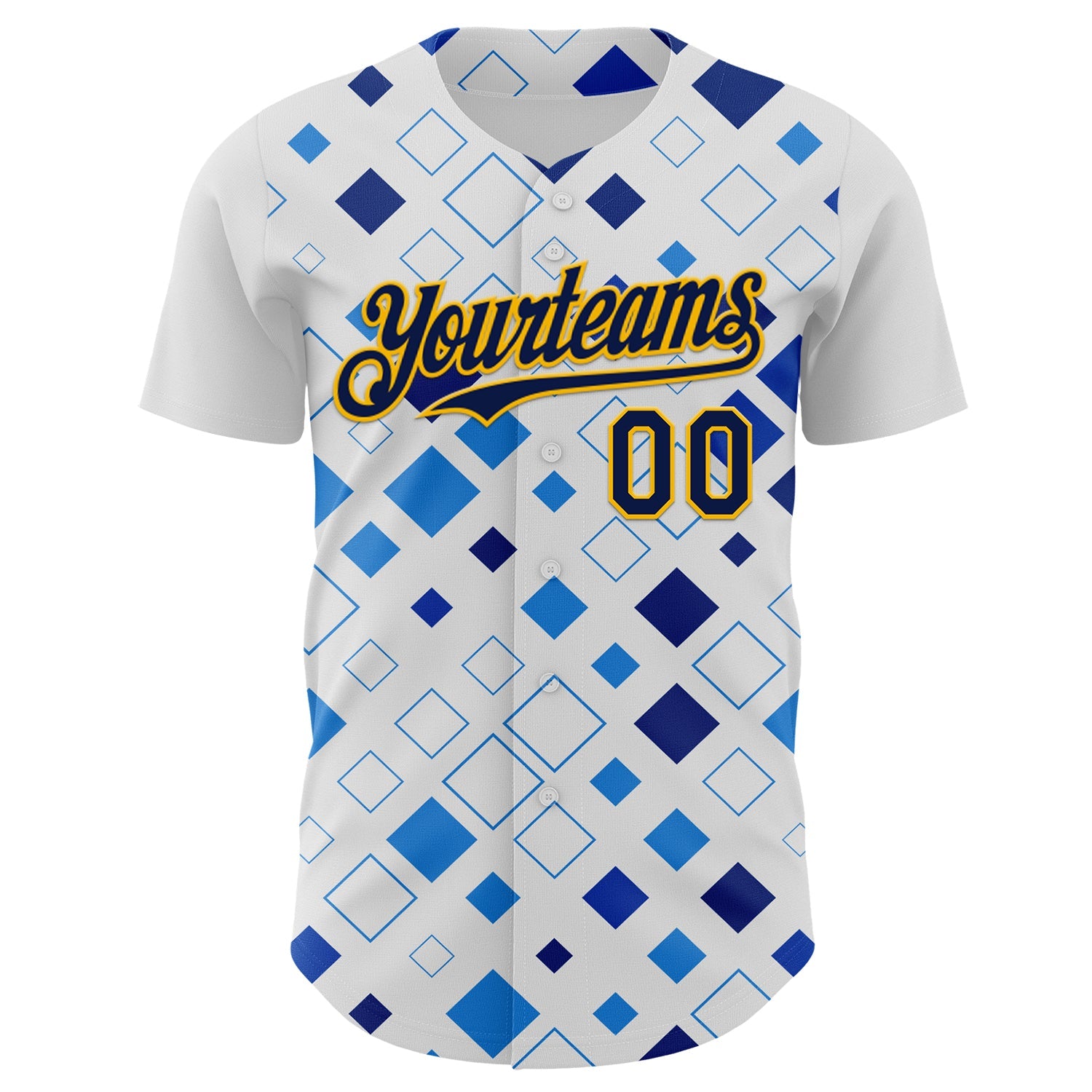 Custom White Navy Blue-Gold Geometric Diamond Grid Rhombus Authentic Baseball Jersey