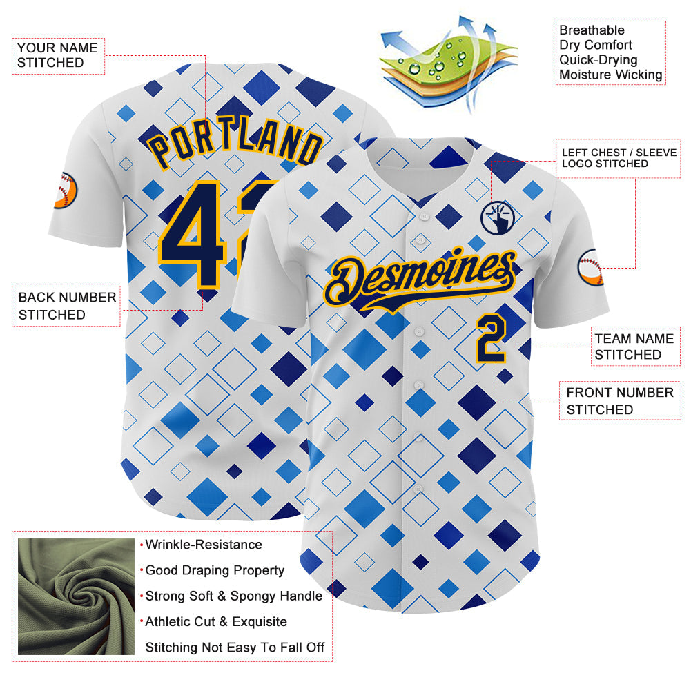 Custom White Navy Blue-Gold Geometric Diamond Grid Rhombus Authentic Baseball Jersey