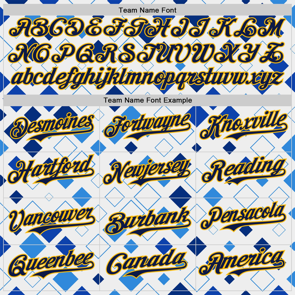 Custom White Navy Blue-Gold Geometric Diamond Grid Rhombus Authentic Baseball Jersey