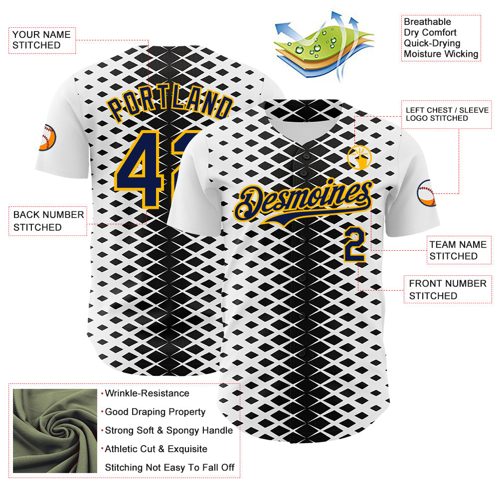 Custom White Navy Black-Gold Geometric Diamond Grid Rhombus Authentic Baseball Jersey