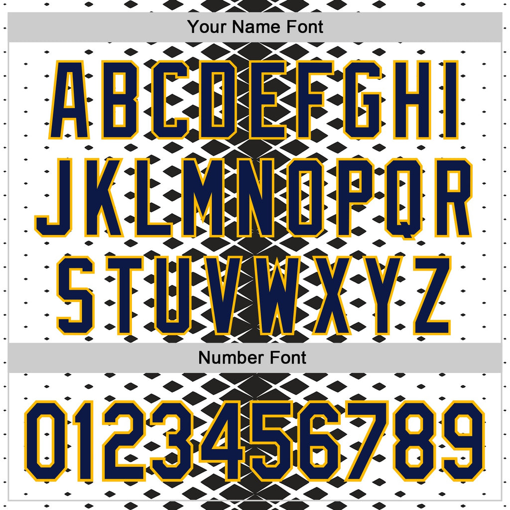 Custom White Navy Black-Gold Geometric Diamond Grid Rhombus Authentic Baseball Jersey