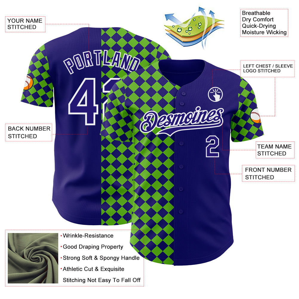 Custom Dark Purple Green-White Geometric Diamond Grid Rhombus Authentic Baseball Jersey
