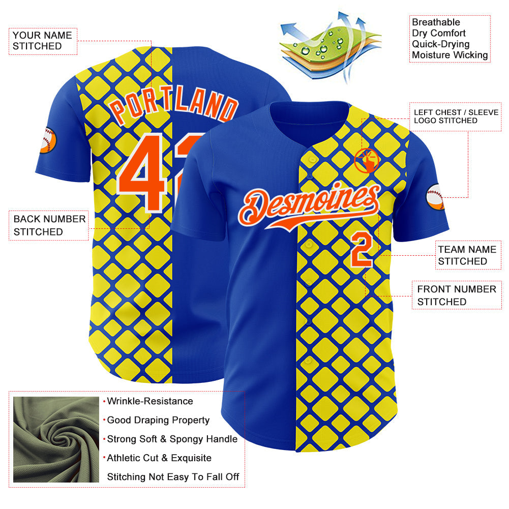 Custom Thunder Blue Orange Light Yellow-White Geometric Diamond Grid Rhombus Authentic Baseball Jersey