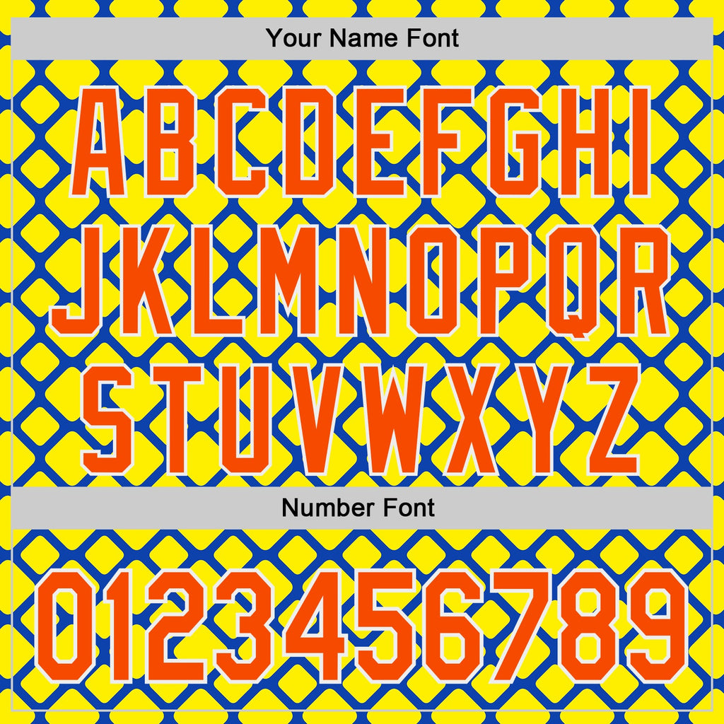 Custom Thunder Blue Orange Light Yellow-White Geometric Diamond Grid Rhombus Authentic Baseball Jersey