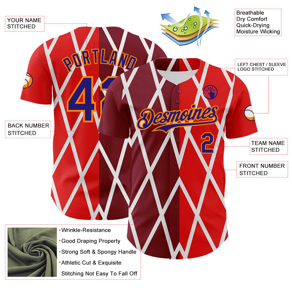 Custom White Dark Purple Red-Bay Orange Geometric Diamond Grid Rhombus Authentic Baseball Jersey