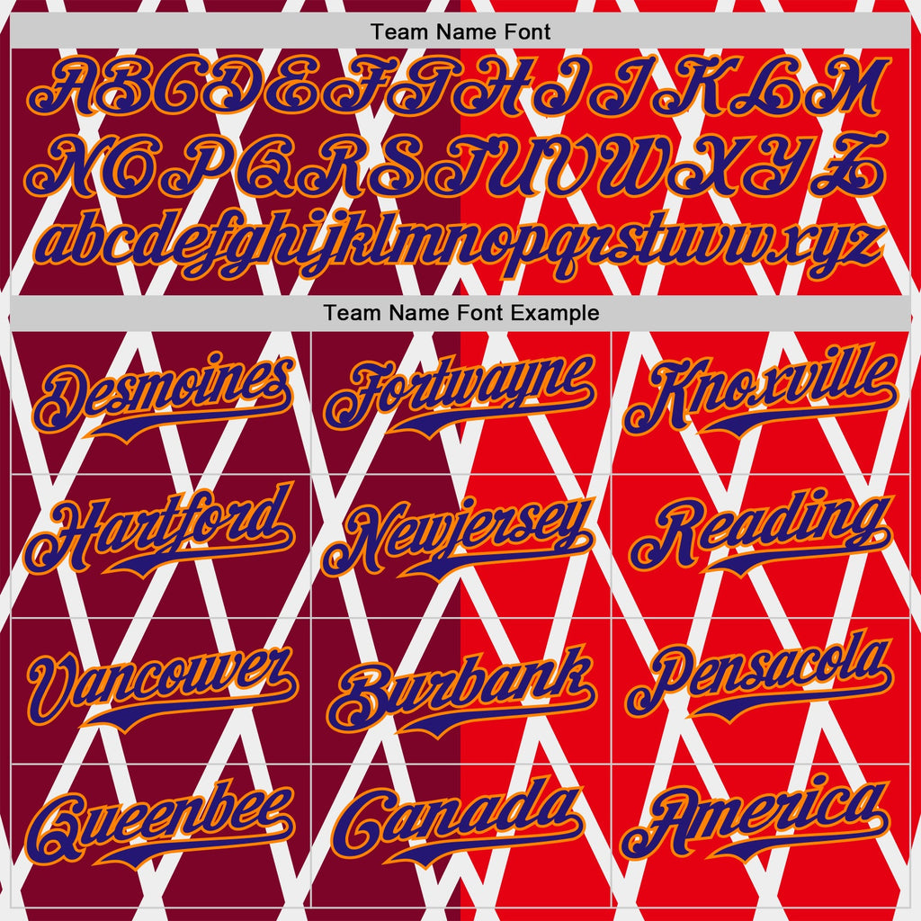 Custom White Dark Purple Red-Bay Orange Geometric Diamond Grid Rhombus Authentic Baseball Jersey