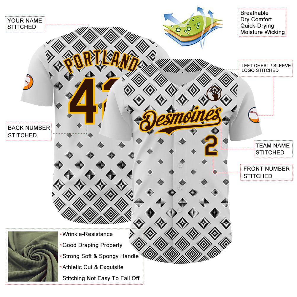 Custom White Brown Black-Gold Geometric Diamond Grid Rhombus Authentic Baseball Jersey
