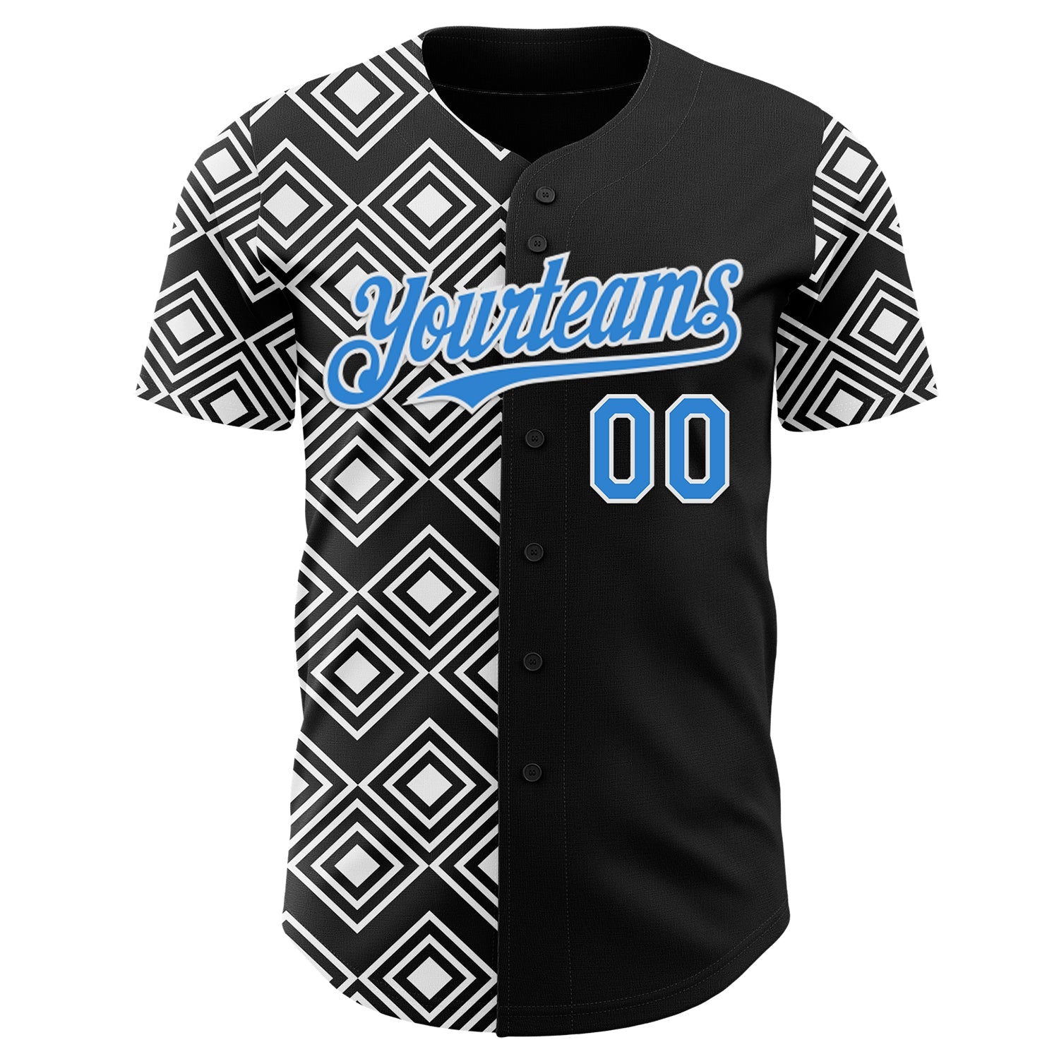 Custom Black Electric Blue-White Geometric Diamond Grid Rhombus Authentic Baseball Jersey