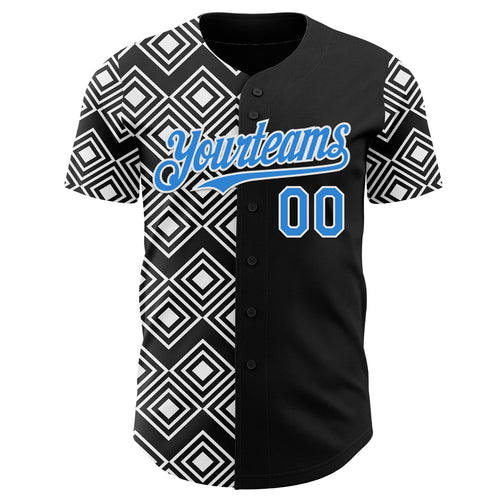 Custom Black Electric Blue-White Geometric Diamond Grid Rhombus Authentic Baseball Jersey