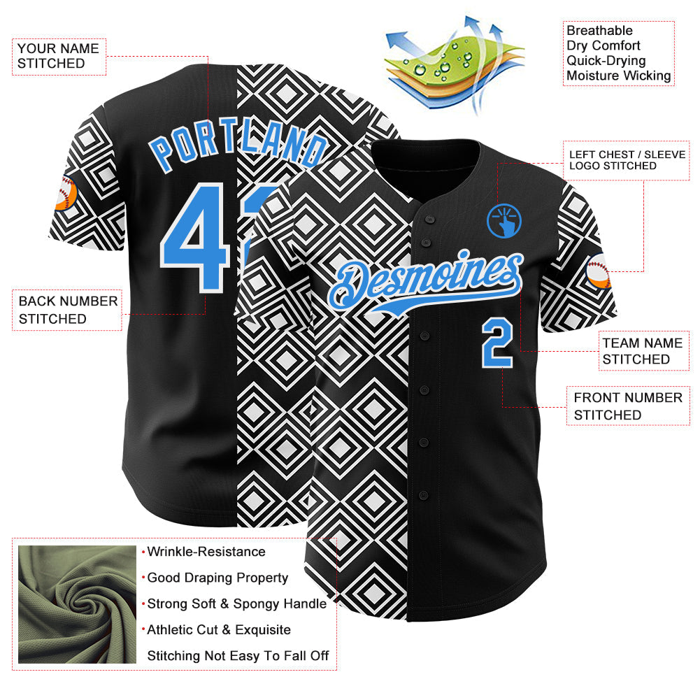 Custom Black Electric Blue-White Geometric Diamond Grid Rhombus Authentic Baseball Jersey