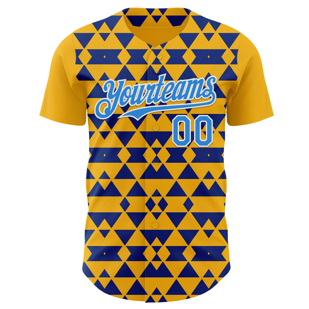 Custom Gold Electric Blue Royal-White Geometric Diamond Grid Rhombus Authentic Baseball Jersey
