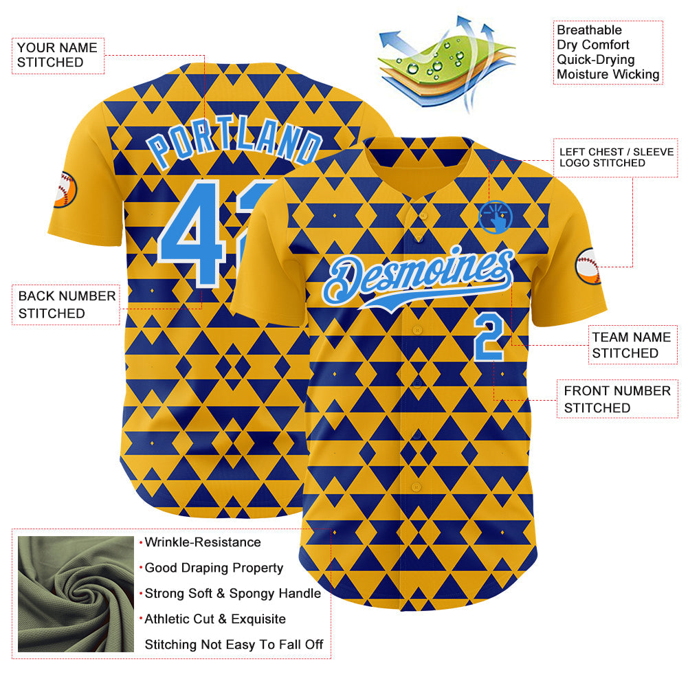 Custom Gold Electric Blue Royal-White Geometric Diamond Grid Rhombus Authentic Baseball Jersey