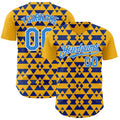Custom Gold Electric Blue Royal-White Geometric Diamond Grid Rhombus Authentic Baseball Jersey