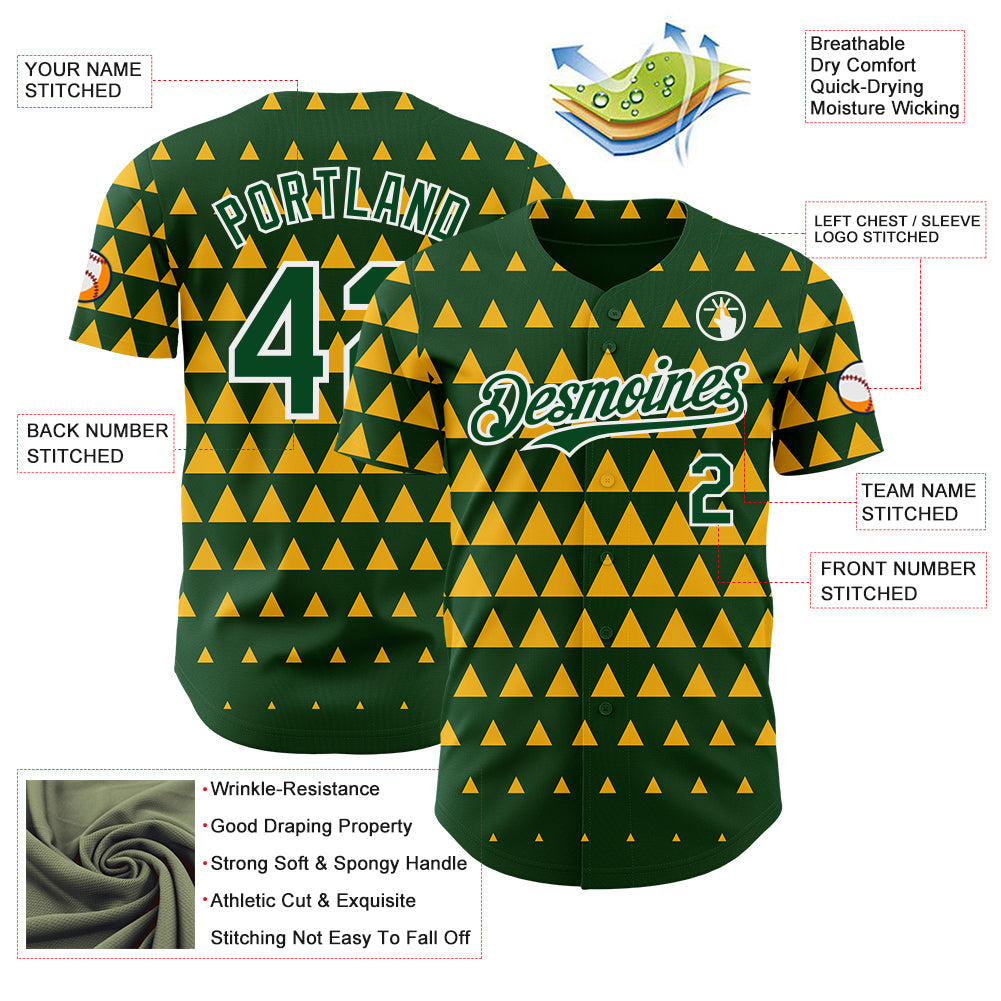 Custom Green Gold-White Geometric Diamond Grid Rhombus Authentic Baseball Jersey