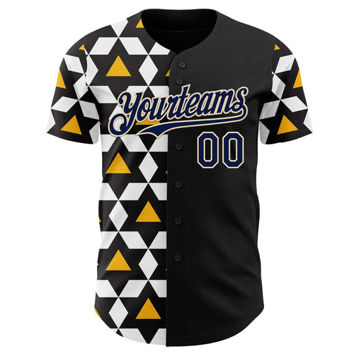 Custom Black Navy White Gold-Cream Geometric Diamond Grid Rhombus Authentic Baseball Jersey
