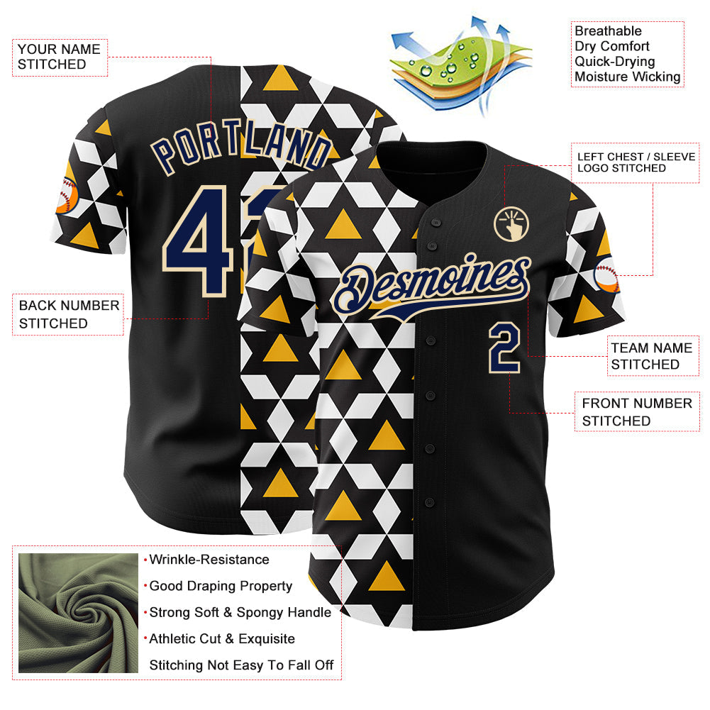 Custom Black Navy White Gold-Cream Geometric Diamond Grid Rhombus Authentic Baseball Jersey