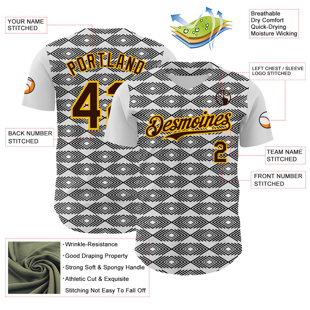 Custom White Brown Black-Gold Geometric Diamond Grid Rhombus Authentic Baseball Jersey