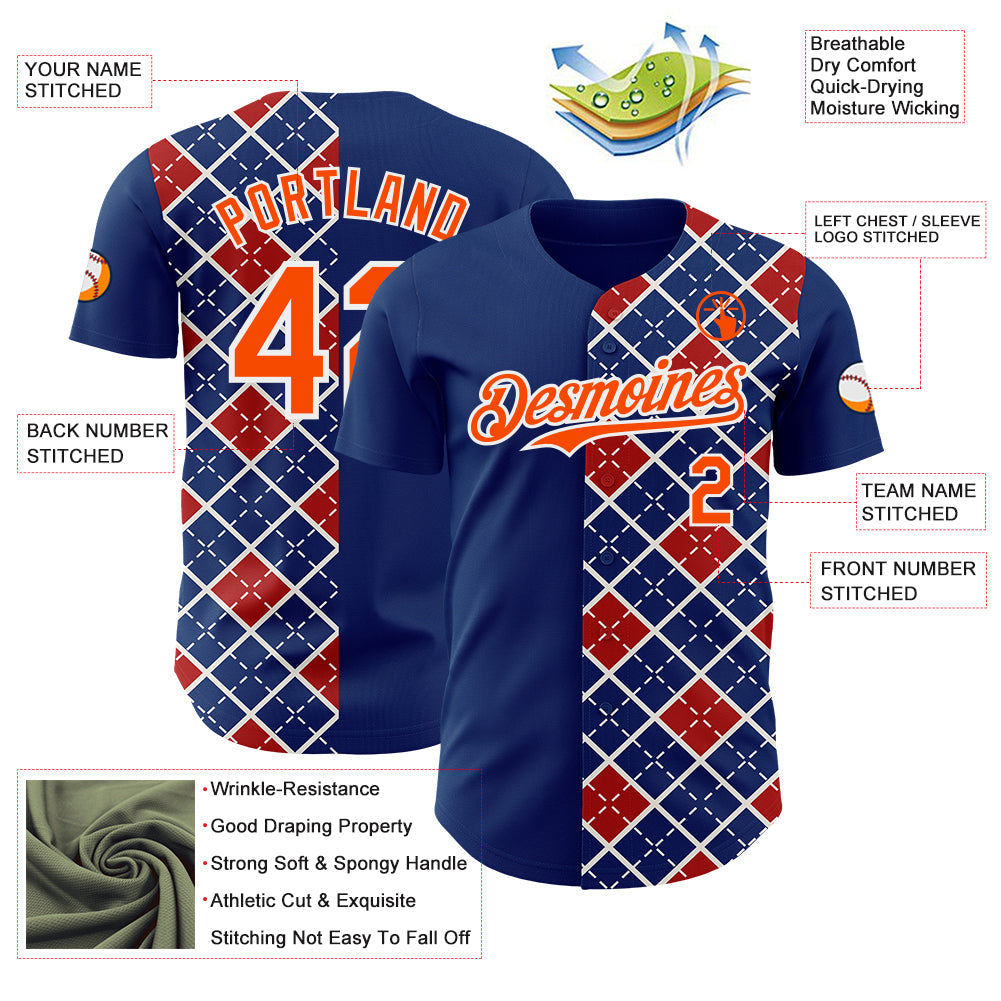 Custom US Navy Blue Orange Red-White Geometric Diamond Grid Rhombus Authentic Baseball Jersey