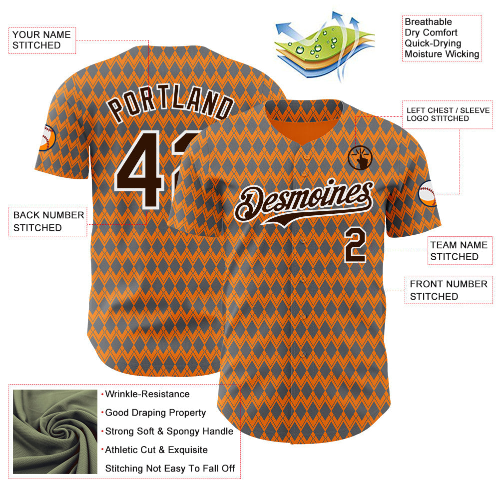 Custom Orange Brown Gray-White Geometric Diamond Grid Rhombus Authentic Baseball Jersey