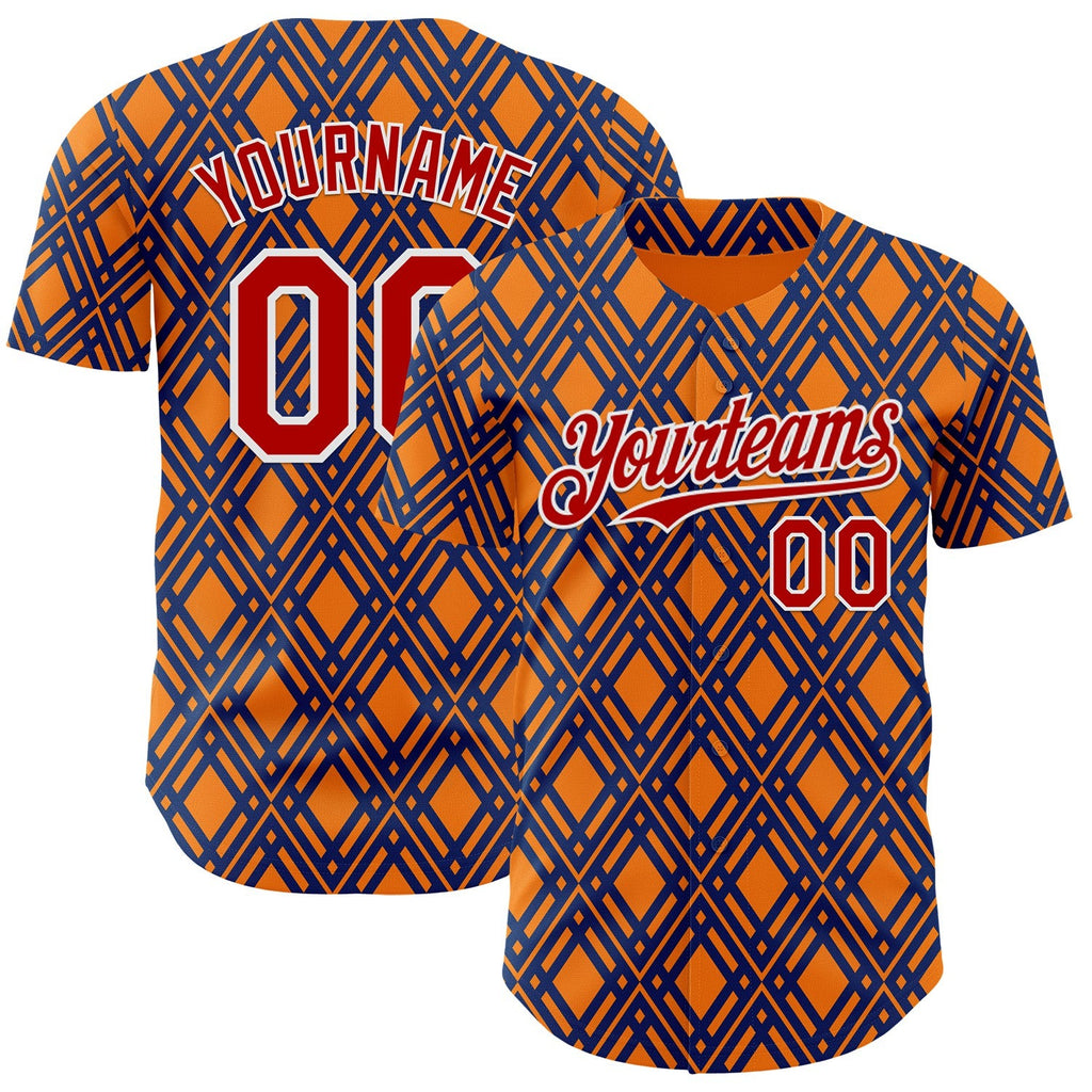 Custom Orange Red Blue-White Geometric Diamond Grid Rhombus Authentic Baseball Jersey