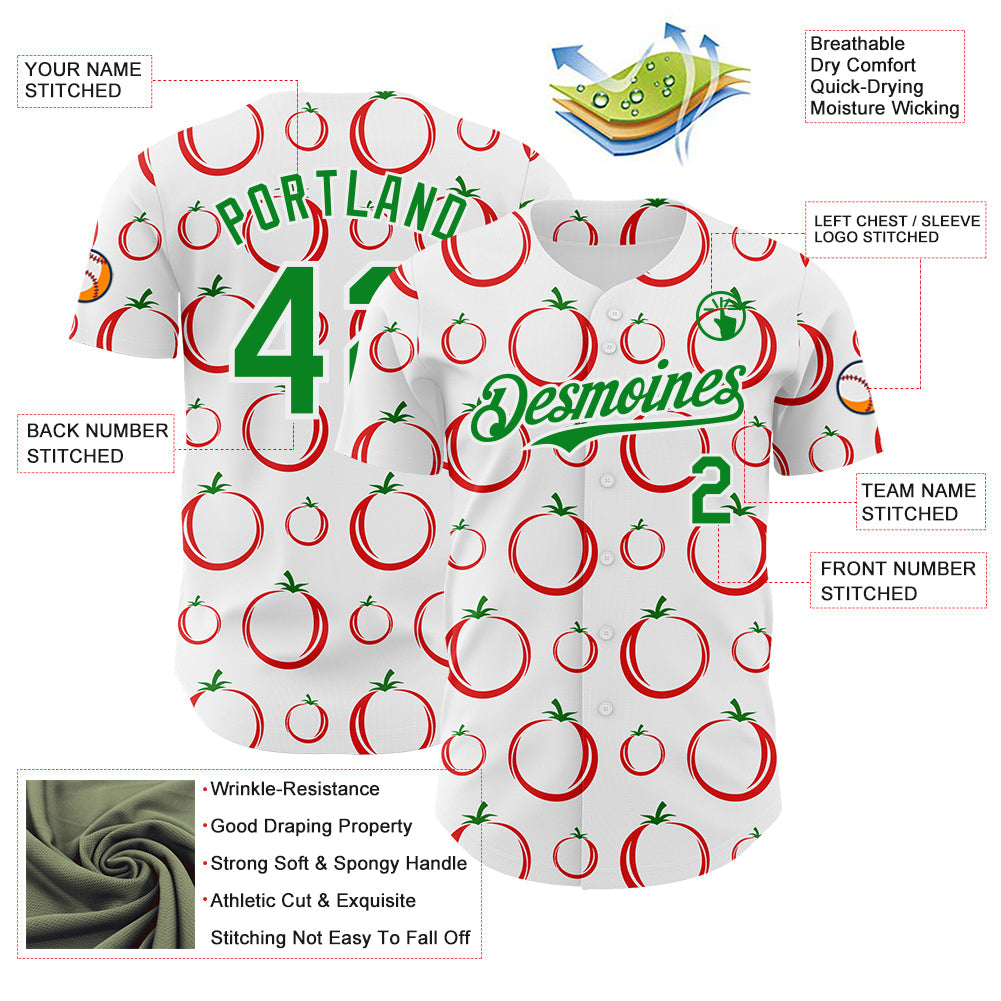 Custom White-Grass Green Foodie Tomato Authentic Baseball Jersey