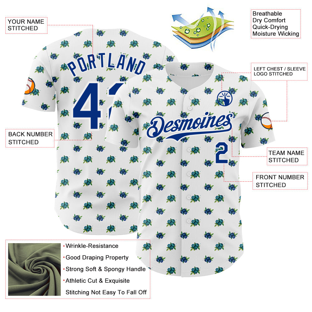 Custom White-Royal Foodie Blueberry Authentic Baseball Jersey