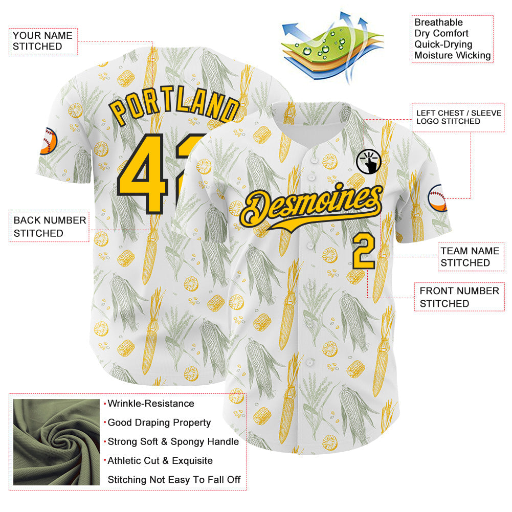 Custom White Yellow-Black Foodie Corn Authentic Baseball Jersey