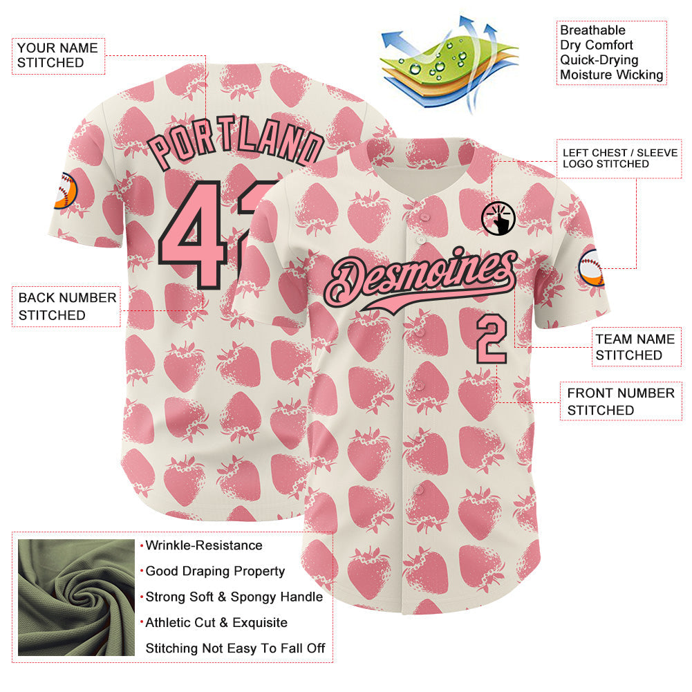Custom Cream Medium Pink-Black Foodie Strawberry Authentic Baseball Jersey