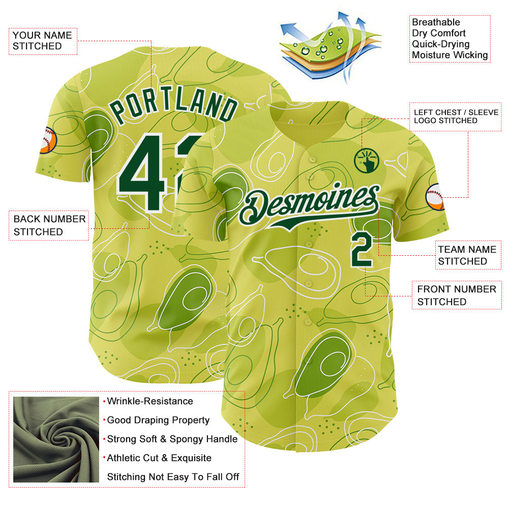 Custom Green-White Foodie Avocado Authentic Baseball Jersey