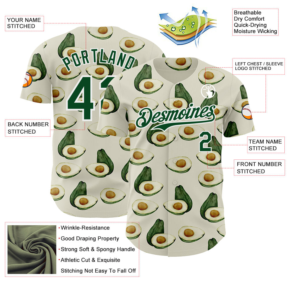 Custom Cream Green-White Foodie Avocado Authentic Baseball Jersey
