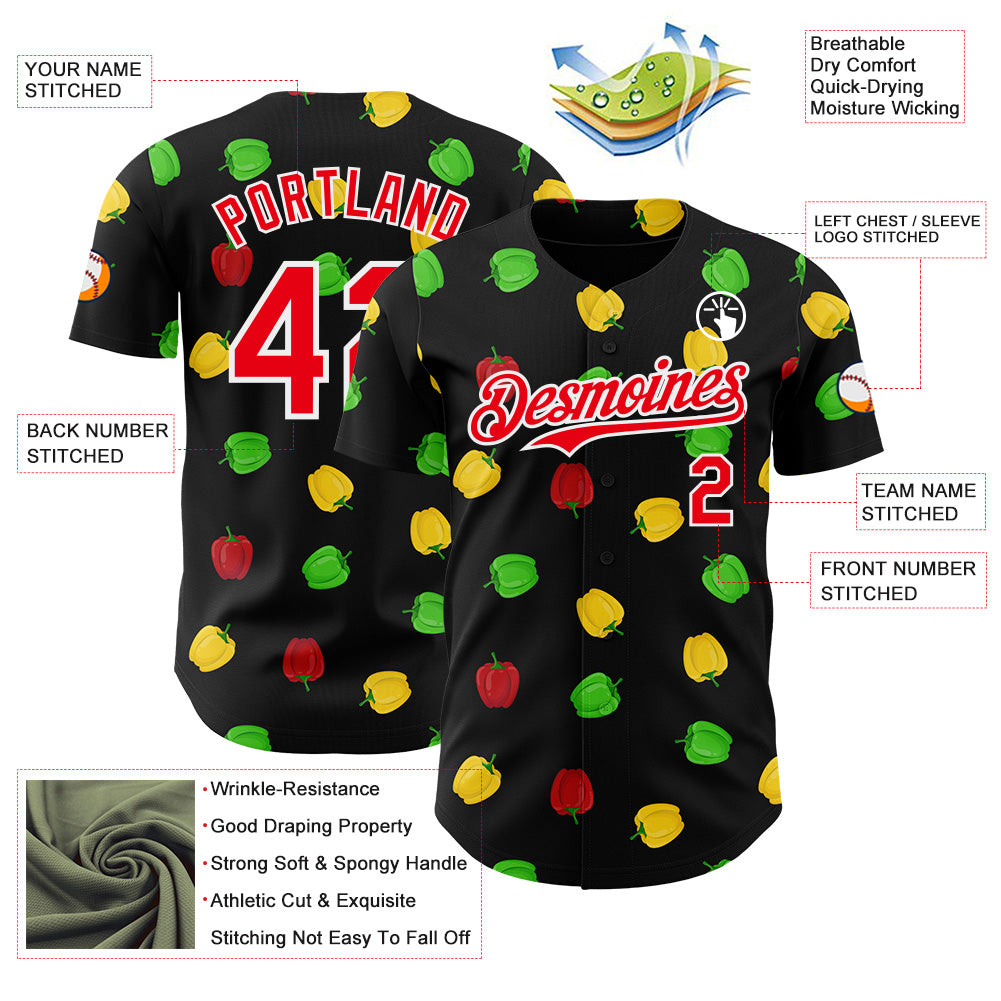 Custom Black Fire Red-White Foodie Bell Pepper Authentic Baseball Jersey