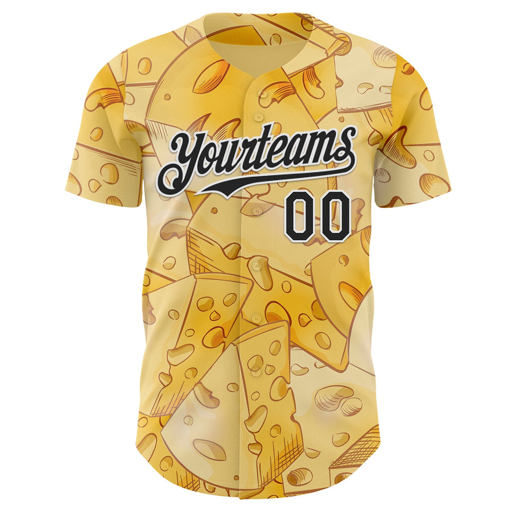 Custom Yellow Black-White Foodie Cheese Authentic Baseball Jersey