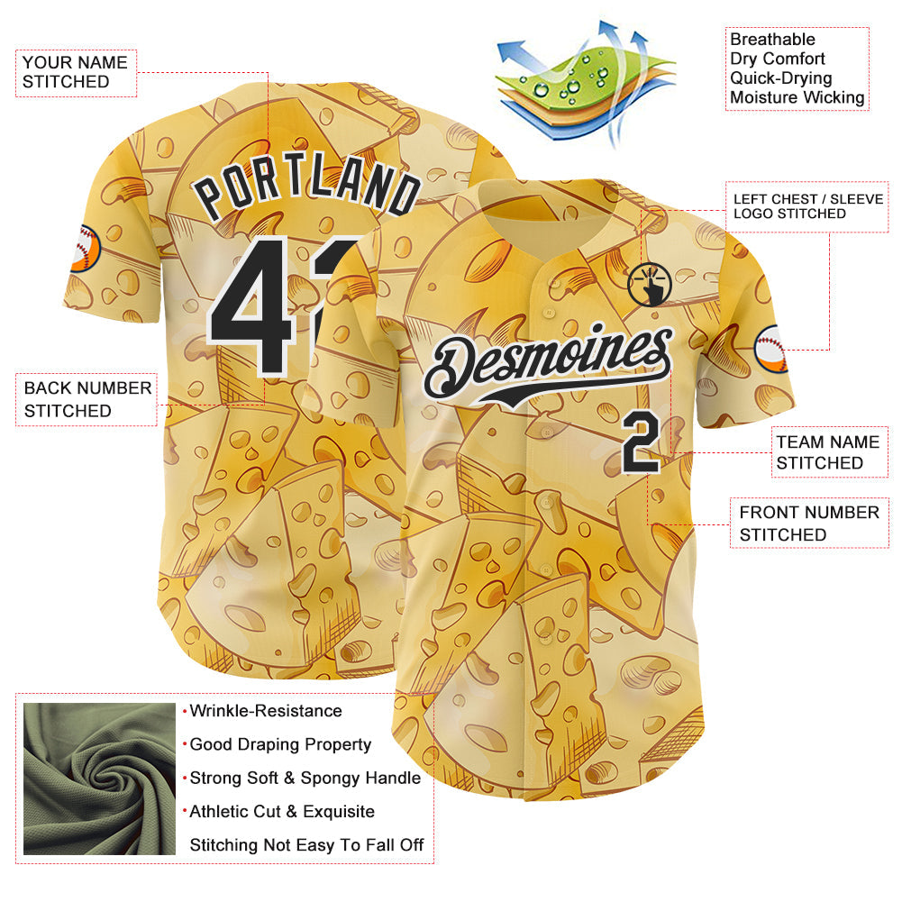 Custom Yellow Black-White Foodie Cheese Authentic Baseball Jersey
