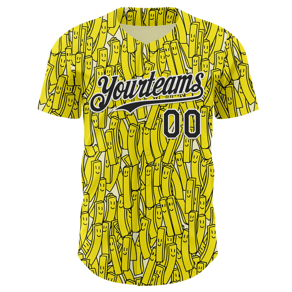 Custom Yellow Black-White Foodie Fries Authentic Baseball Jersey