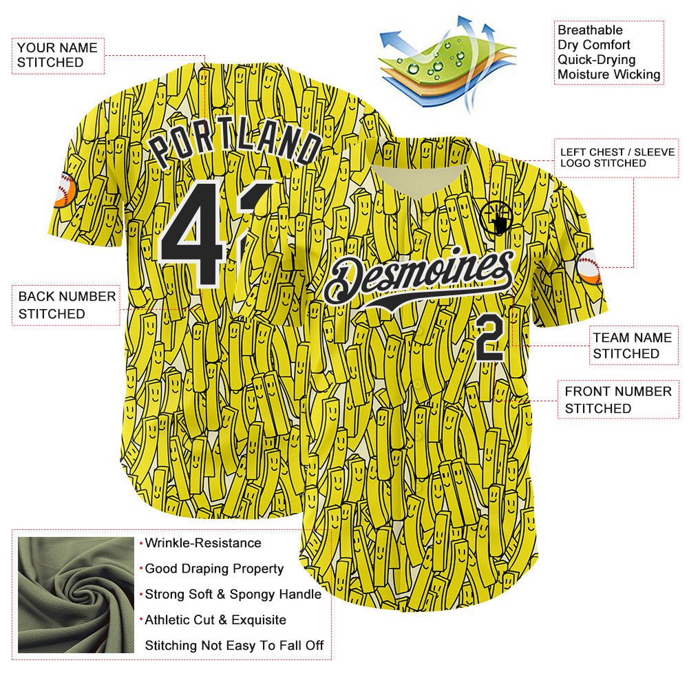 Custom Yellow Black-White Foodie Fries Authentic Baseball Jersey