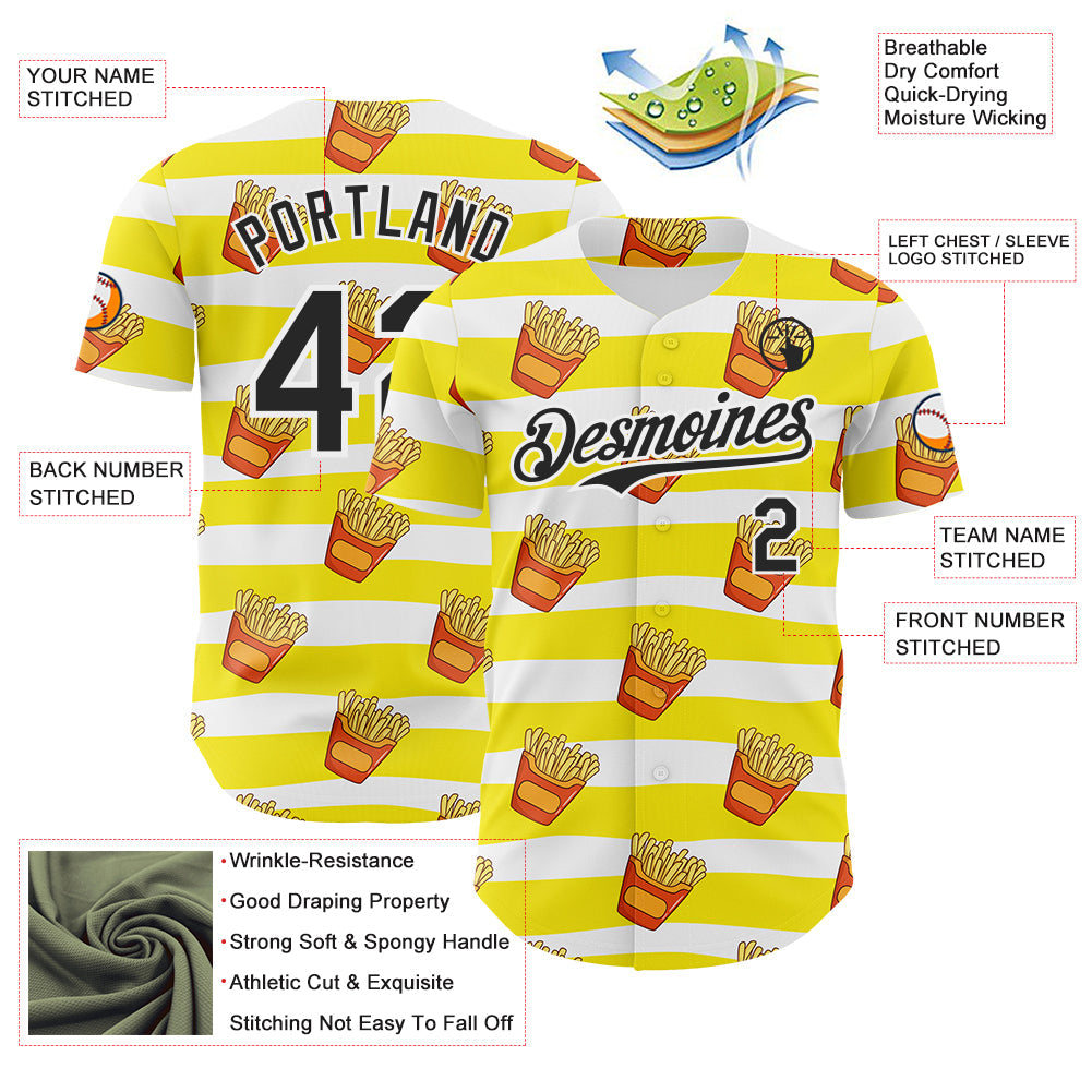 Custom Yellow Black-White Foodie Fries Authentic Baseball Jersey