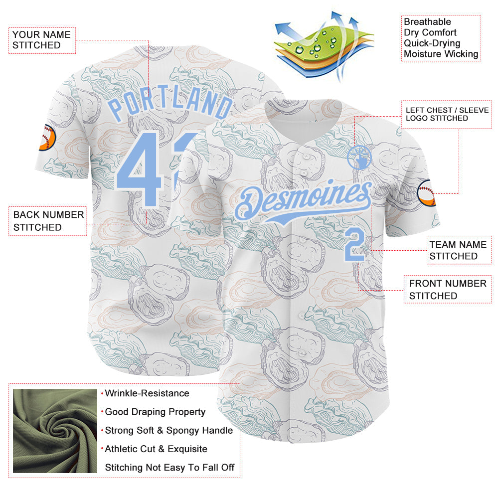 Custom White-Light Blue Foodie Oysters Authentic Baseball Jersey