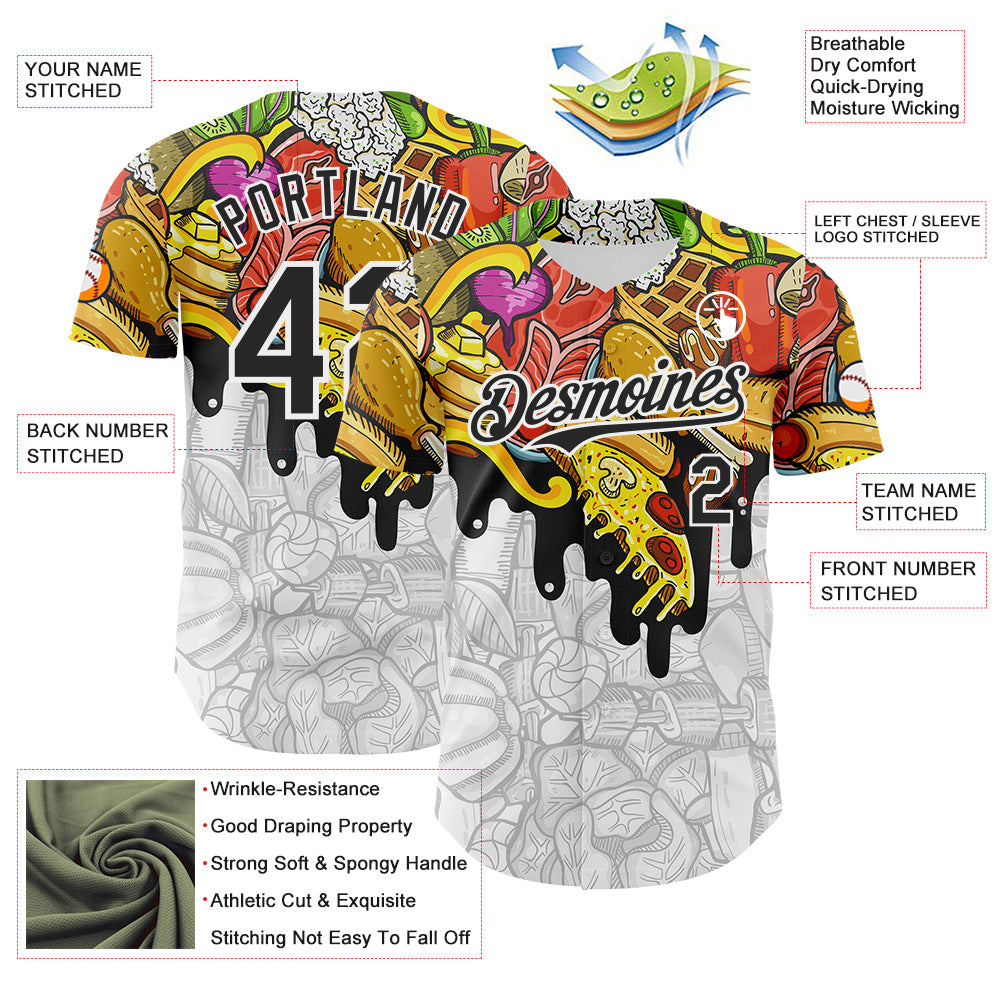 Custom White-Black Foodie American Cuisine Fast Food Burger Fries & Pizza Authentic Baseball Jersey