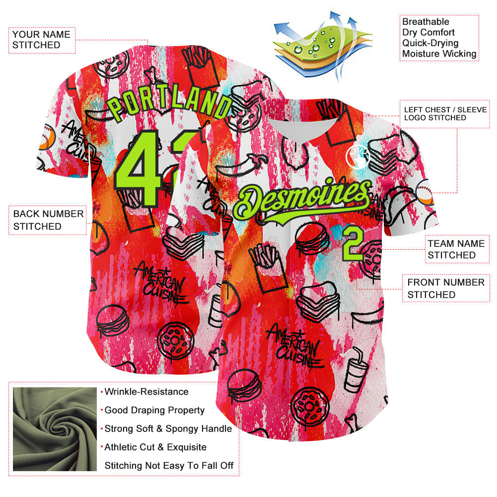 Custom Pink Neon Green-Black Foodie American Cuisine Fast Food Burger Fries & Pizza Authentic Baseball Jersey