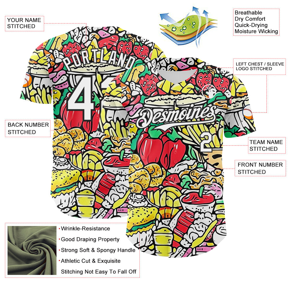 Custom White-Black Foodie Fast Food & Fruit Authentic Baseball Jersey