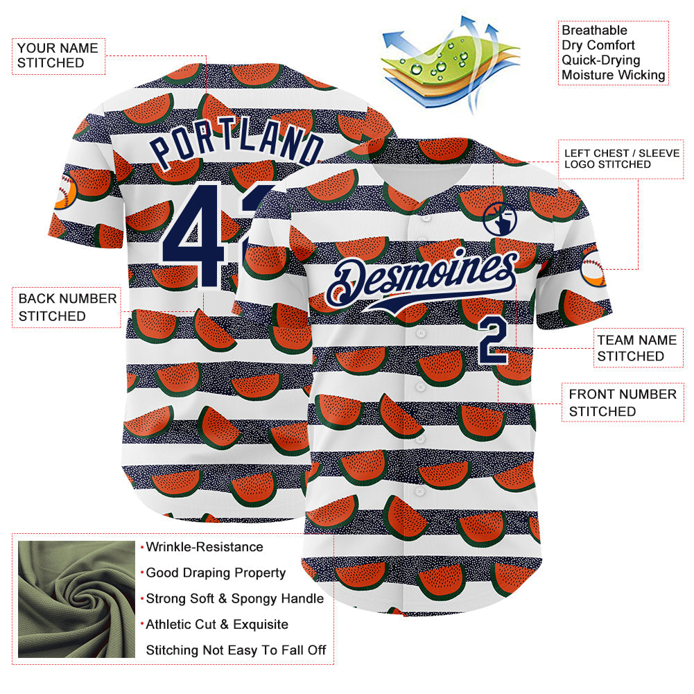Custom White-Navy Foodie Watermelon Authentic Baseball Jersey