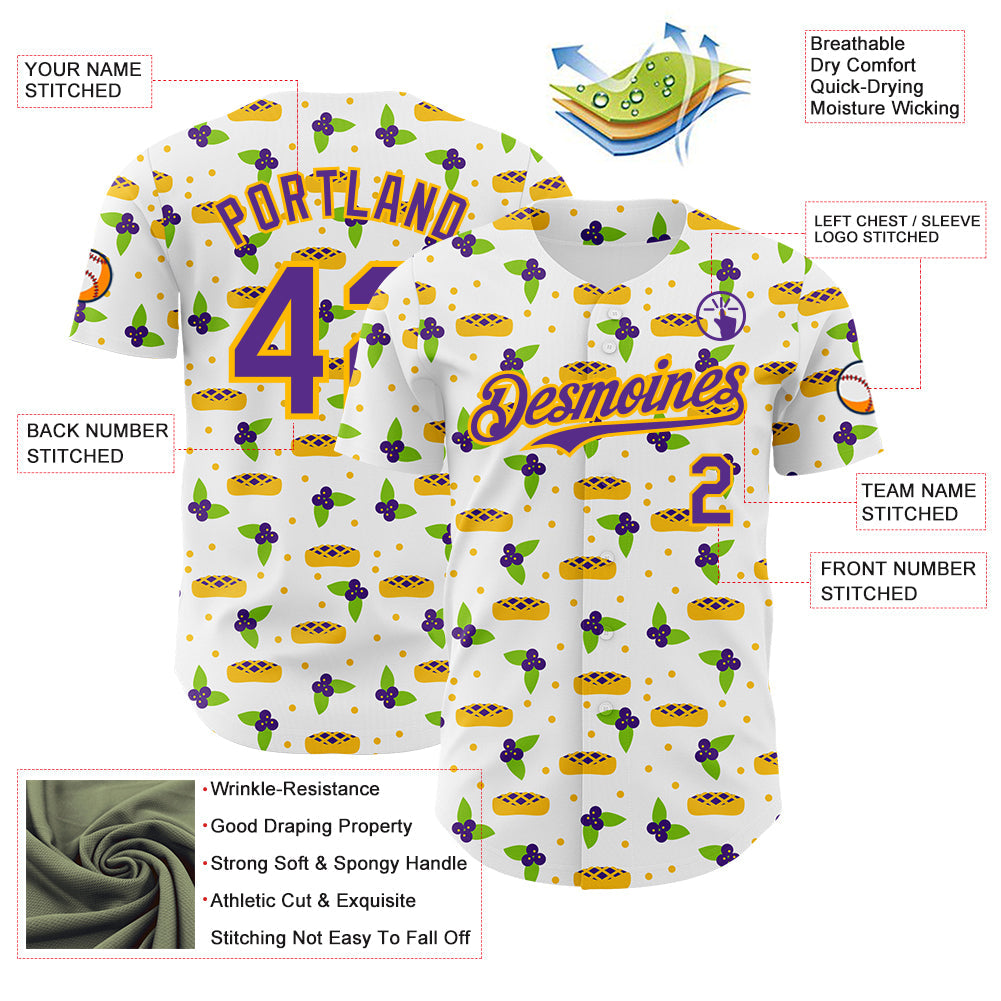 Custom White Purple-Gold Foodie Blueberry Pie Authentic Baseball Jersey