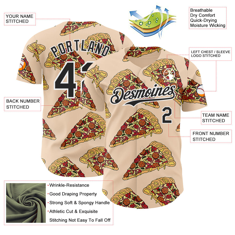 Custom Cream Black-White Foodie Pizza Authentic Baseball Jersey