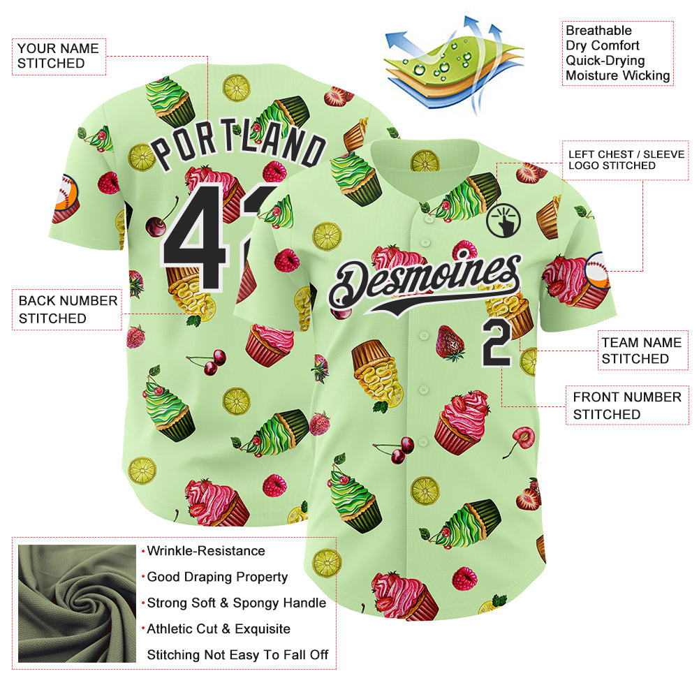 Custom Green Black-White Foodie Cake Ice Cream Authentic Baseball Jersey